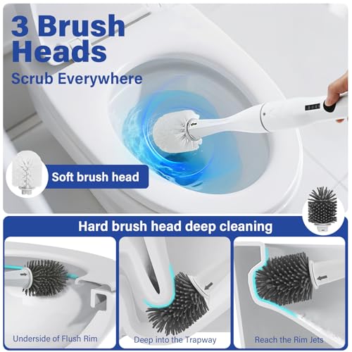 Electric Toilet Brush Scrubber and Holder Set,Electric Toilet Bowl Cleaning Kit with 8 Disposable Refill Heads,Hard Nylon Brush and Soft Silicone Brush