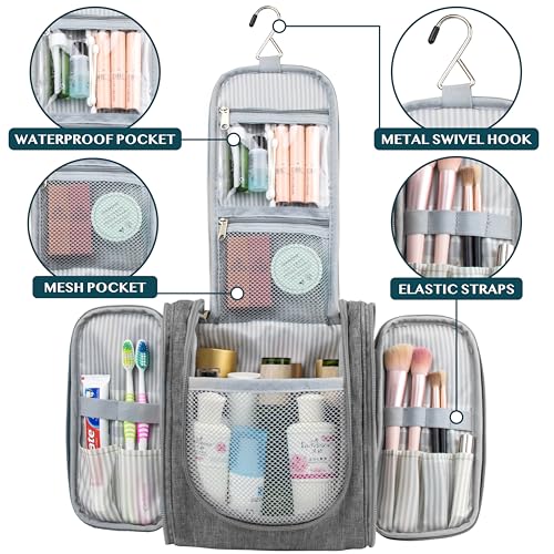 PAVILIA Toiletry Bag Travel Bag for Women Men, Hanging Cosmetic Organizer, Water Resistant Makeup Bag for Accessories Toiletries, Large Travel Essentials Kit (Grey) - color: Grey, size: Standard (9x4x9)