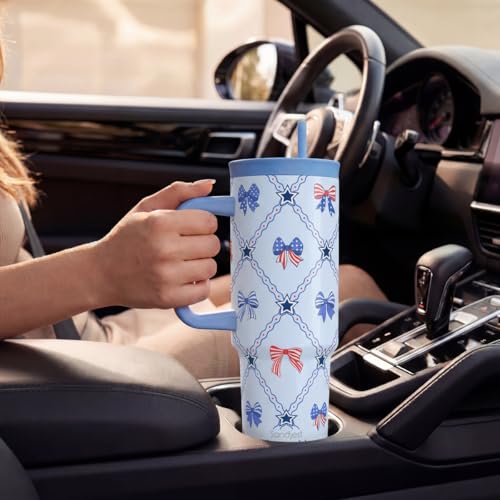 SANDJEST American Flag Stainless Steel Locking Lid Silicone Straw Tumbler with Handle 40oz, Insulated Stainless Steel Travel Cup for Women Girls Friends, Gift Idea for Birthday July 4th (Bow) - color: American Flag 1