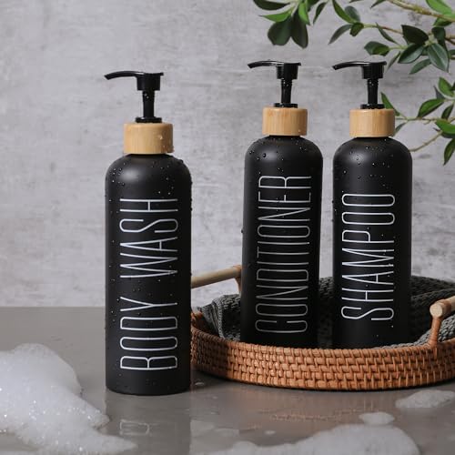 HOMCDALY 16oz 3-Pack Refillable Black Bathroom Shower Set - Empty Bottles with Pump for Shampoo, Conditioner, or Body Wash - color: Black&bamboo Pump