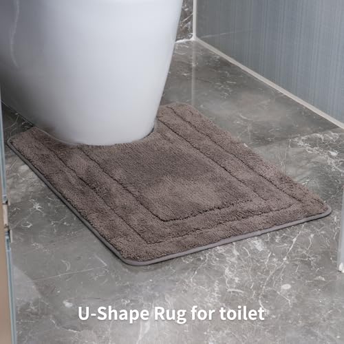 Bathroom Rugs Sets 3 Piece, with 20" x 28" U-Shaped Toilet Rug, Ultra Water Absorbent and Super Soft, Non-Slip, Microfiber Shaggy Plush Bath Mats for Bathroom, Tub, Kitchen (Chocolate) - color: Chocolate