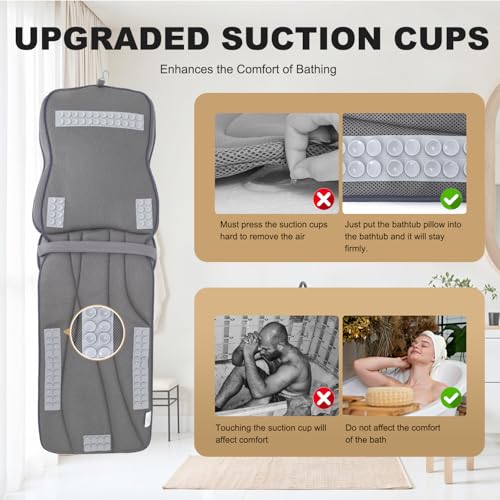 Extra Long Thick Full Body Bath Pillow for Tub with Lumbar Pillow- Luxury 4D Air Mesh Bathtub Pillow with Head, Shoulder & Back Support, Non-Slip Bath Cushion with Suction Cups (Gray) - color: Gray