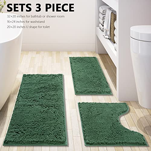 Green Bathroom Rug Chenille 3-Piece Extra Soft and Absorbent Shag Bath Mat Set, Machine Wash Bathroom Rug Set, Strong PVC Non-Slip Underside, Plush Carpet Bath Mat (Dark Green) - color: Dark Green, size: 2'8" x 1'8" (16x24"+20x32"+20x20"U shape）