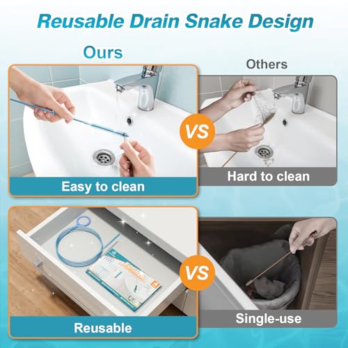 50 Inch Drain Snake Hair Drain Clog Remover Tool for Bathroom Sink – 4 Pack | Reusable Brush, 50-Inch Break-Resistant Steel Wire Rope with Nylon Coating, 0.27-inch wand for Shower Drain Cleaning