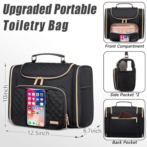 Tealari Large Toiletry Bag for Women Men,Bathroom Bag,Water Resistant Shower Bag,Makeup Bag,Toiletry Bags for Traveling,Hanging Toiletry Bag with Transparent Waterproof Phone Pocket - color: Black