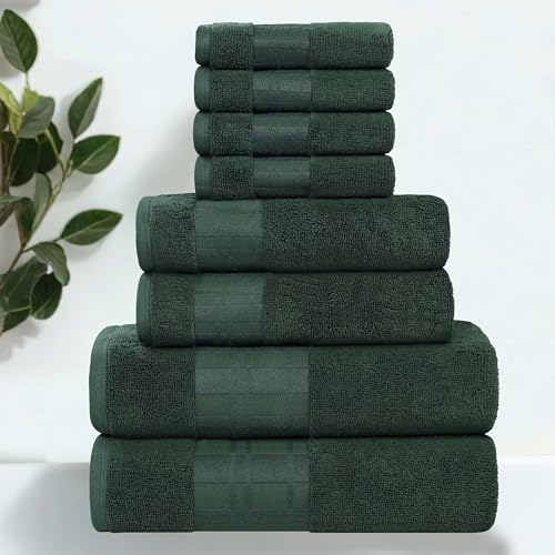 Superior 8-Piece Cotton Towel Set, Geometric Design, Dobby Border, Plush Quick Dry Towels, Decorative Bathroom, Spa, Includes 2 Bath, 2 Hand, 4 Face Towels/Washcloth, Larissa Collection, Forest Green - color: Forest Green, size: 8 Piece Towel Set