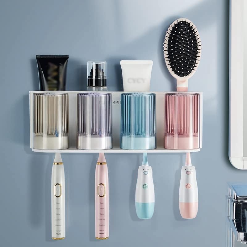 So Nice Toothbrush Holders for bathrooms Accessories Wall Mounted,Electric Shower Toothbrush Holder White Plastic toothbrushes Holder Set for Kids with 4 Cups - color: 4cups