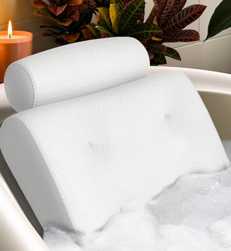 Everlasting Comfort Luxury Bath Pillow for Tub – Quick-Dry 4D Mesh – White | Head/Neck/Back Support, Non-Slip Suction Cups, Machine Washable, Drying Hook, Bath/Spa/Jacuzzi Essentials - color: White, size: Large