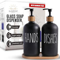 Sunrise Premium 16 OZ Thick Black Glass Soap Dispenser, Bamboo Pump with Tray 2 Pack, Hand and Dish Soap Dispenser Set for Bathroom with 6 Waterproof Labels - color: Bamboo Pump With Tray - Black Glass