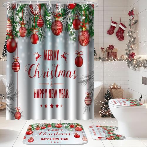 Merry Christmas Shower Curtain Bathroom Sets 4 Pieces, Red Lantern Shower Curtain with Toilet Lid Cover and Rugs, Waterproof Happy New Year Xmas Curtain for Bath Toilet Restroom Home Decorations - color: Merry Christmas