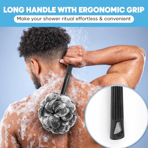 Loofah with Handle & Shower Brush Charcoal 2 Pack- Back Scrubber for Shower for Men & Women, Body Brush Ideal for Exfoliation, Back Loofah for Shower with Bath Brush, Long Handle for Shower Back Brush