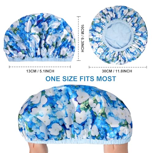 Upgraded Waterproof Terry Shower Caps, Reusable Shower Cap for Women with Long Hair, Soft Absorbent Hair-Protecting Towel Lining Bath Cap, Large Leak-Proof Hair Cap with Fashionable Print Outer-Blue - color: Blue
