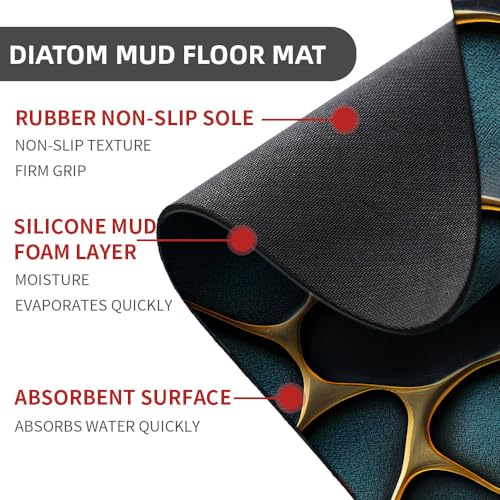 Diatomaceous Earth Bath Mat,Blue and Gold Stones Non-Slip Volume Super Absorbent Fast Drying for Bathroom Kitchen mat,Eco-Friendly Easy to Clean 20×31Inch (50 * 80cm) - color: Blue and Gold Stones, size: 1'8" x 2'8" (Rectangular)