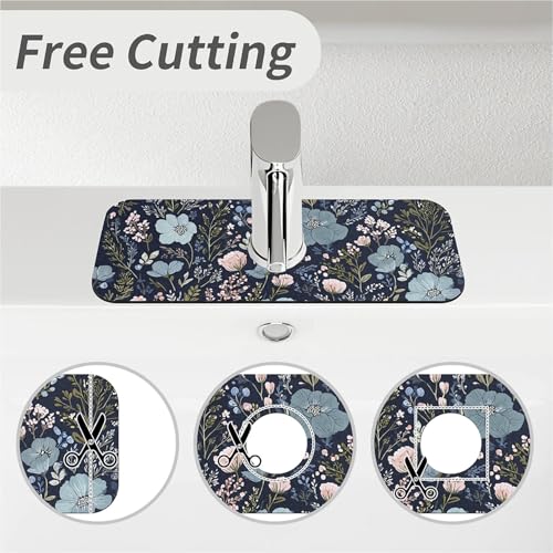 Kitchen Sink Splash Guard，Lush blue pink floral Faucet Mat Sink Gadgets-Super Absorbent Fast Drying Mat Drip Catcher for Kitchen, Bathroom,Sink Mat, Dish Drying Mat, Bathroom(15" X 5.5" )