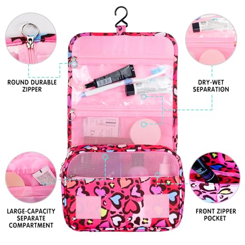 Kids Hanging Toiletry Bag for Girls, Travel Toiletry Bag for Little Young Girls Cosmetic Makeup Waterproof Wash Bag Toddler Traveling Toiletries, Leopard Red - color: Leopard-Red