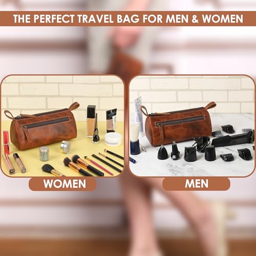 Leather Makeup Bag for Women – Genuine Leather Cosmetic Bag Travel, Handmade Zippered Makeup Pouch, Small Toiletry Bag, Shaving Kit & Stationery Organizer- Tan - color: Tan