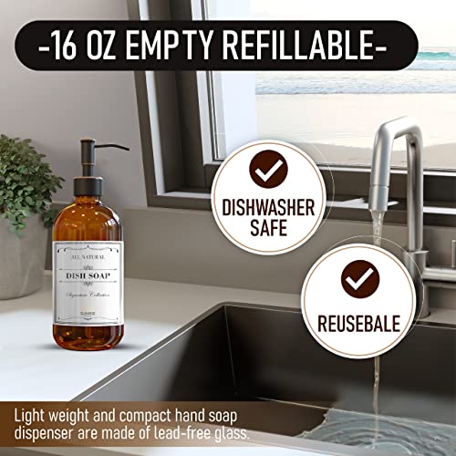 Sunrise Premium 2 Pack Amber Glass Soap Dispenser 16 OZ with Oil Rubbed Bronze Stainless Steel Pump, Hand and Dish Soap Dispenser Set for Bathroom and Kitchen Sink with 6 Waterproof Labels - color: Oil Rubbed Bronze Ss Pump - Amber Glass