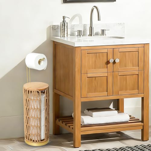 Trongee Freestanding Toilet Paper Holder with Storage,Goldn Handmade Woven Toilet Paper Roll Holder Stand,3 Rolls of Tissue Holder for Bathroom,Rattan Sturdy Boho Bathroom Toilet Paper Storage - color: Gold