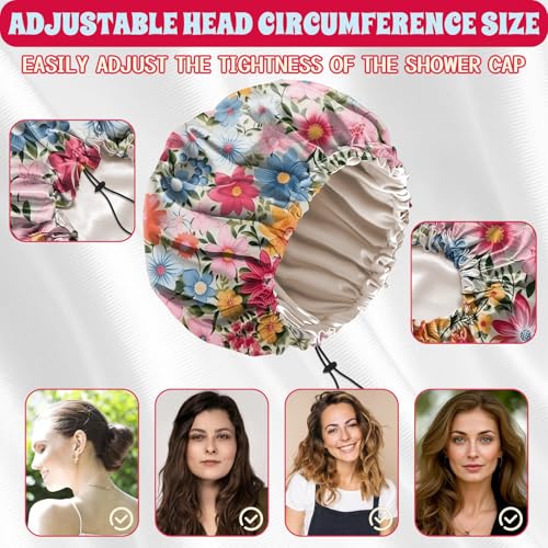 Luxury Shower Cap Satin Lined Reusable Waterproof Double Layer Elastic Adjustable Hair Bath Cap Cute Aesthetic Women Girls-Flowers - color: F12-Flowers