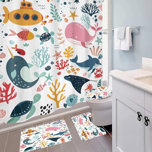4 PCS Kids Shower Curtain Set 72Wx72H Kid Toddler Bathroom Set Summer Ocean Fish Cute Whale Funny Underwater Bath Rug Toilet Lid Cover U Shape Mat Accessories 12 Hooks Bathroom Decors - color: A 01ocean, size: 72"W x 72"L (Pack of 4)