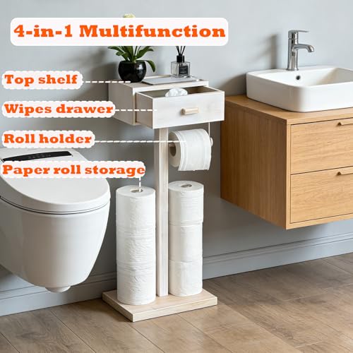 Freestanding Bathroom Toilet Paper Holder Stand with Shelf, Bamboo Toilet Paper Roll Holder with Wet Wipes Storage Drawer(Vintage White) - color: White