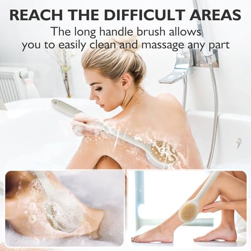VANZAVANZU Back Scrubber for Shower, 17 Inch Long Handle Back Brush, Dual-Sided Bath Brush, Anti-Slip Handle Shower Brush for Wet or Dry Brushing (Cream White) - size: 17 in - Cream White
