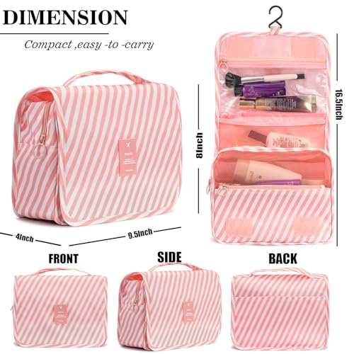 L&FY Hanging Travel Toiletry Bag Women's Cosmetic Organizer Makeup Case Pouch Men's Shaving Kits With Handle（Pink Stripe） - color: Pink Stripe, size: Compact Size