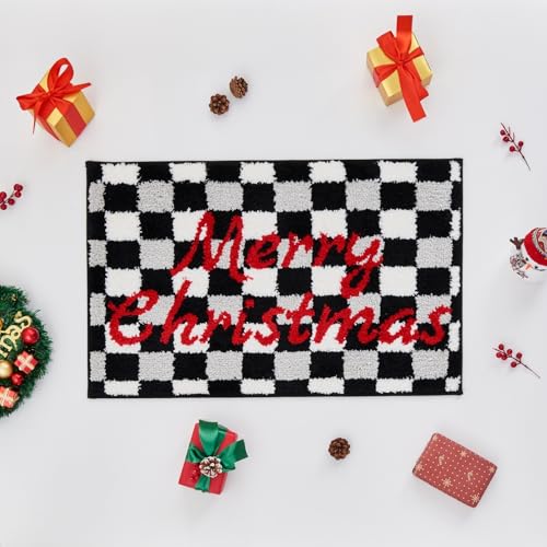 Douceur Merry Christmas Checkered Bathroom Rugs, Cute Black and White Checkerboard Bath Mat Non Slip, Soft and Absorbent Washable Bath Rugs, 24"X16" - color: Christmas Checkered-black, size: 1'4" x 2' (Rectangular)