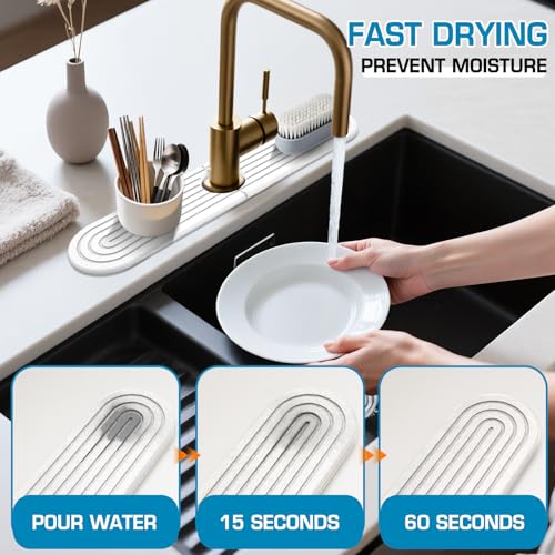 Self-Drying Stone Tray For Kitchen Sink,15.7" Water Absorbing Natura Diatomite Faucet Mat,Splash Organizer For Soap Dispenser,Sponge & Brush,Bathroom Vanity Rv Countertop Protector (white-Oval) - color: White-Oval, size: 15.7" x 4"