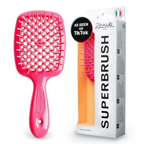 Janeke Superbrush Detangling Brush for Soft Smoothing Hair Brushing with Anti-Static Bristles - Vented Wet Hair Brush for Blow Drying Use - for Curly, Thick, Wavy, Fine Hair Types (Bright Pink) - color: Bright Pink Superbrush