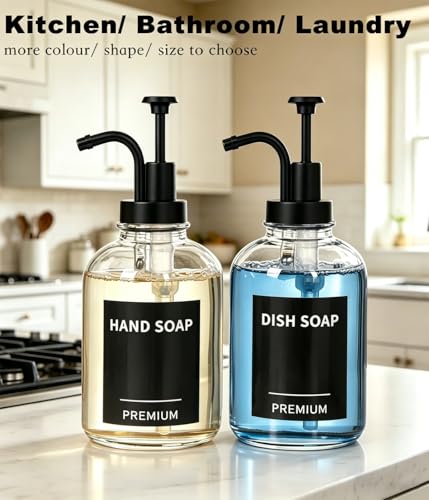 12oz Dish Soap Dispenser for Kitchen, Hand Glass Soap Dispenser Set with Pump, Tray, Funnel for Bathroom, Shower, Laundry, Liquid, Lotion (Black 2 Pack Clear Bottles with 12 Stickers) - color: Black, size: 12Oz