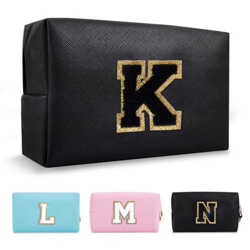Personalized Initial A-Z Preppy Patch Makeup Bag,Small PU Chenille Letter Cosmetic Bag with Zipper for Teen Girls,Black Cute Toiletry Organizer Bag,Monogram Makeup Case Gift for Women Girls,Letter K - color: Black,Black-Letter, size: K