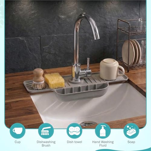 18 Inch Silicone Faucet Mat for Kitchen Sink Splash Guard, Adjustable Faucet Protector with Sponge Holder, Gray Drip Catcher Mat, Faucet Draining Mat