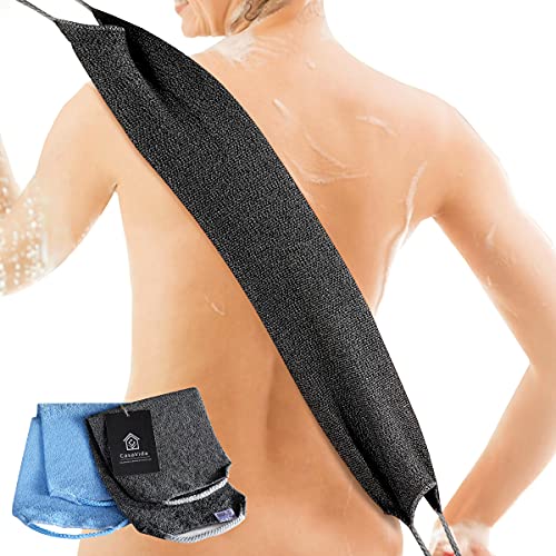 Back Scrubber for Shower, 2 Pack, Blue + Charcoal Gray | Nylon Bath Towel Washer, Japanese Exfoliating Washcloth, Stretchable Strap, Body Exfoliation - color: Blue + Charcoal Gray