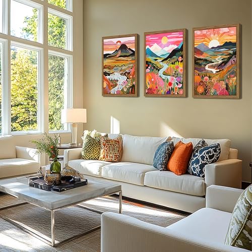 Wood Framed Boho Colorful Landscape Canvas Wall Art Set of 3 - Abstract Mountain Wall Decor Paintings, Nature Floral Poster Prints Aesthetic Home Decor for Living Room Bathroom Bedroom 16x24 inch - color: Colorful Boho, size: 16x24Inch Framed