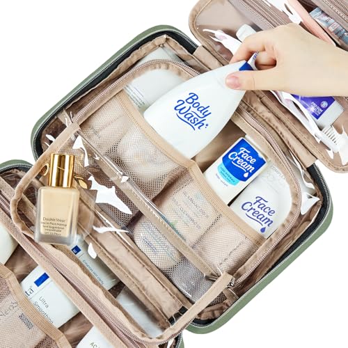 NISHEL Travel Toiletry Bag for women, Portable Hanging Organizer for Travel-Sized Shampoo, Conditioner, Brushes Set, Makeup Accessories, Medium Size, Purple, Bronze Green - color: Bronze Green, size: Medium