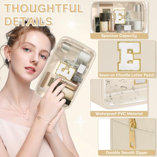 Initial Clear Makeup Bag, Birthday Gift Preppy Chenille Patch Cosmetic Bag, Initial Travel Essentials Beach Toiletry Pouch, Ideal Gift for Teachers & Moms, Women and Girls (Beige, E) - color: Beige, style: E