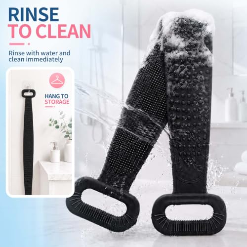 Manmihealth Silicone Back Scrubber for Shower, 36'' Extendable Back Washer with Long Strap Handle, Dual-Sided Silicone Body Brush for Men and Women(Black) - color: Black