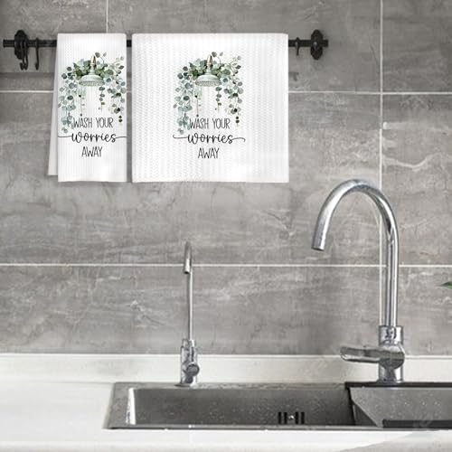 Sage Green Eucalyptus Leaves Bathroom Hand Towels, Wash Your Worries Away Botanical Funny Hand Towels for Bathroom Washroom Restroom Toilet Decor, 16x24 Inches - color: Wash Bathroom a