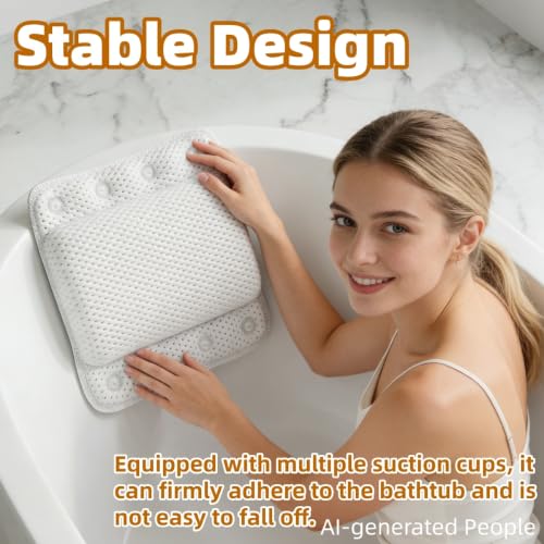 Bathtub Pillow, with Multiple Suction Cups (White) | Soft and Thick Material, Supporting the Neck, and Head - color: White