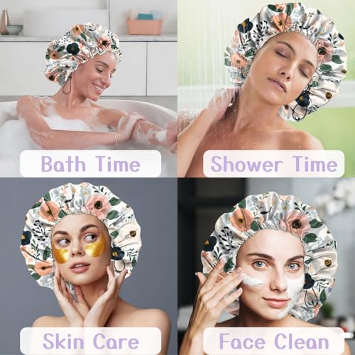 Luxury Shower Cap Silk Satin Lined Waterproof Reusable Adjustable Elastic Dry Hair Bathing Caps Cute for Women Girls-Flower - color: C-1-Flower