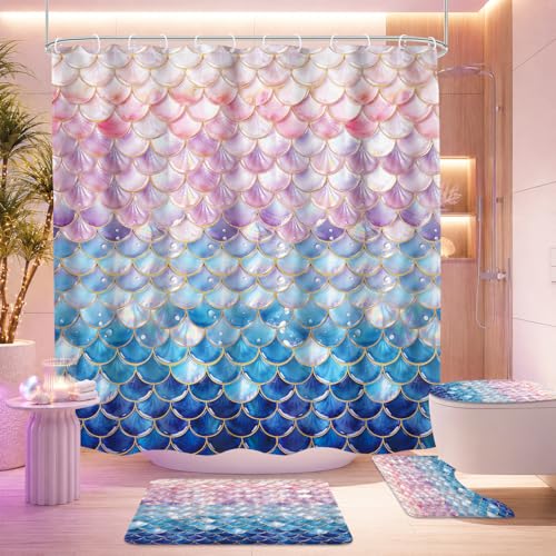 4 PCS Mermaid Scales Shower Curtain Set 72Wx72H Colorful Kids Ocean Sea Bathroom Set Non-Slip Bath Rug Toilet Lid Cover U Shape Mat Complete Bathtub Accessories with 12 Hooks Bathroom Decor - color: H Mermaid, size: 72"W x 72"L (Pack of 4)