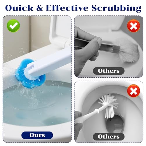 2 Pack Disposable Toilet Brush and Holder Set, Extended Handle Toilet Bowl Cleaner Wand with 48 Refills Replacement Heads Pads Bathroom Maintenance Bathtub Stick Cleaning System Starter Kit