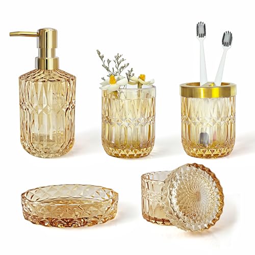 LaMarriti Clear Gold Bathroom Accessorries Set, 5Pcs Glass Bathroom Set, Soap Dispenser and Toothbrush Holder Set, Soap Dish, Tumbler, Q-Tips Holder Set for Modern Bathroom Sink, Cute Bathroom Decor - style: Clear Gold