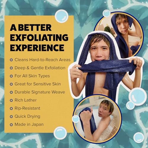 GOSHI Exfoliating Shower Towel - Long Body Scrubber for Back Acne, KP & Smooth Skin - Durable Rip-Resistant Weave, Quick-Dry Nylon Washcloth - Ethically Crafted in Gunma, Japan - Blue - color: Blue