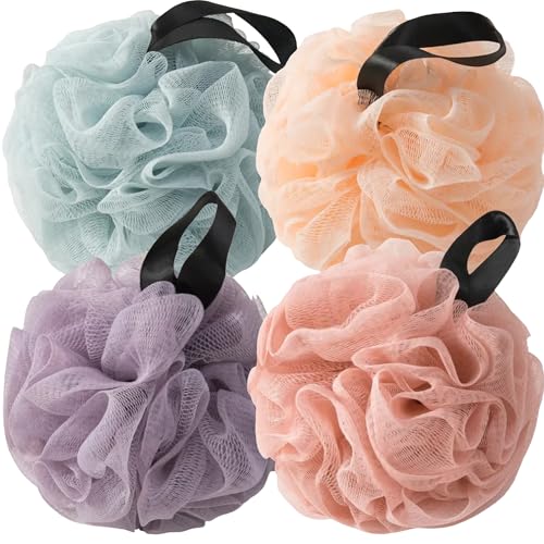 Loofah Sponges for Shower,Exfoliating Cleaning Bath Loofa Body Scrubber Balls for Women Men Washing,Vibrant Mix 4 Pack - Blue, Orange, Purple & Pink - color: Vibrant Mix, size: 1 Count (Pack of 4)