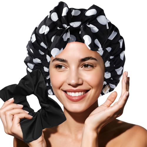 Years Calm Extra Large Shower Cap for Long Thick Hair – Waterproof Double Layer Bath Cap with Satin Lining, Secure Elastic Fit for Braids, Curls & Extensions - color: Black Polka Dots