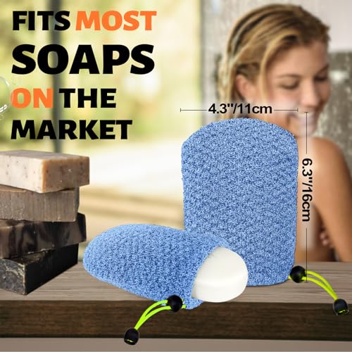 MIG4U Exfoliating Soap Bag for Shower 2 Pieces - Bar Soap Saver Pouch, Bamboo Body Scrubber Exfoliator Pocket in Travel Bathing, Blue - style: 1 exfoliation level - Blue