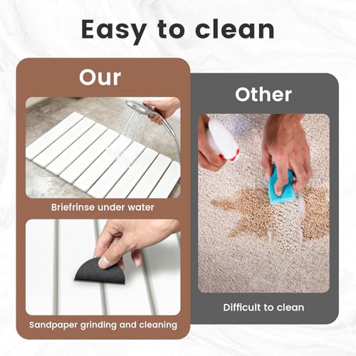 Super Anti-Slip Strong Absorbent Diatomite Pad, Stone Bath Mat 23.6 x 15.5 inches Quick-Dry Pad, Foldable and Easy to Store Bathroom Stone Bath Mat, Suitable for Bathroom, Easy to Clean - color: White