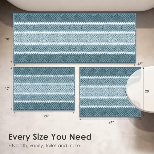 ArtyCozy Chenille Bathroom Rugs 3 Pieces, Extra Thick Absorbent Non Slip Bath Mats with U-Shaped Toilet Rug, Soft Plush Bath Floor Mat Machine Washable, Blue, 17"x24" Plus 20"x48" Plus 20"x24" - color: Blue, size: 17" × 24" + 20" × 48" + 20" × 24"